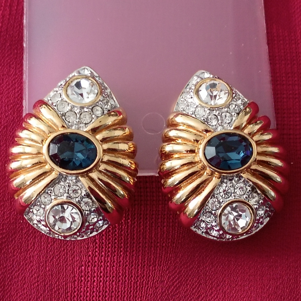 ❤️NOLAN MILLER 1993 BLUE VENUS GOLD RHINESTONES GLAM COLLECTION CLIP ON EARRINGS